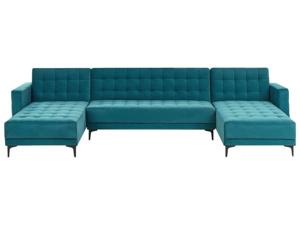 U Sofa med Dobbelt Chaiselong Blå Velour 5 Personers Sovesofa Open End Moderne Tuftet Sofa med Sovefunktion til Stue Indretning