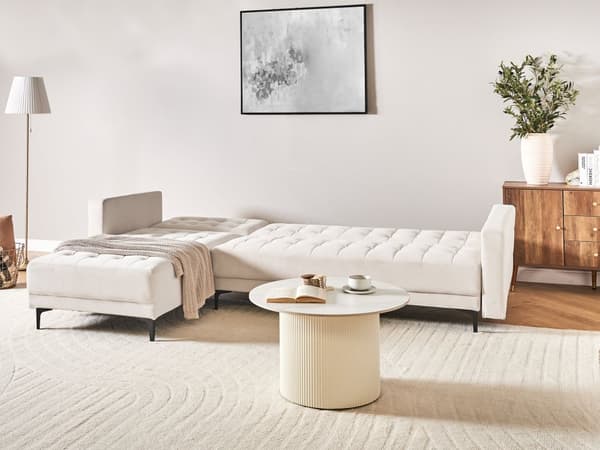 Sovesofa med Chaiselong Beige Velour 4 Personers Sofa L Formet Hjørnesofa Dyb Sofaseng Blød Stofsofa Design Hjørnesovesofa Højrevendt