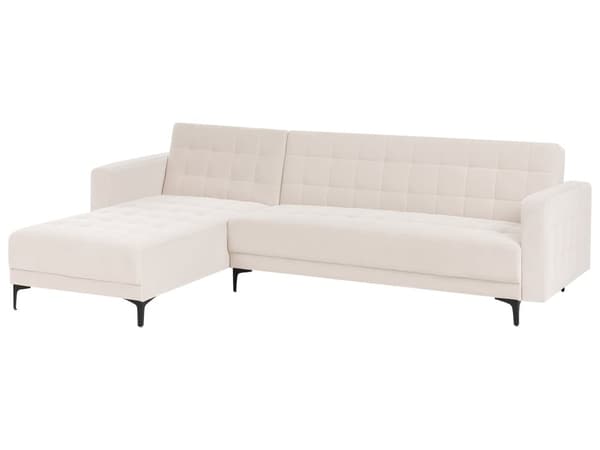 Sovesofa med Chaiselong Beige Velour 4 Personers Sofa L Formet Hjørnesofa Dyb Sofaseng Blød Stofsofa Design Hjørnesovesofa Højrevendt