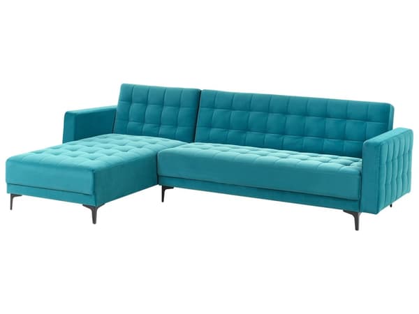 Høyre Hjørnesofa Sjøblå Fløyel Tufted Stoff Moderne L-formet Modulær 4 Seter L Sjeselong