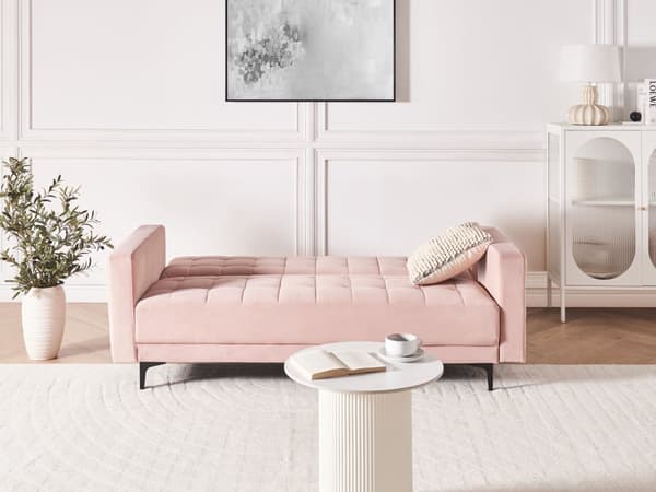 Sovesofa Pastellrosa Fløyel Tufted Stoff Moderne Stue Modulær 3 Seter Svart Ben Spor Arm