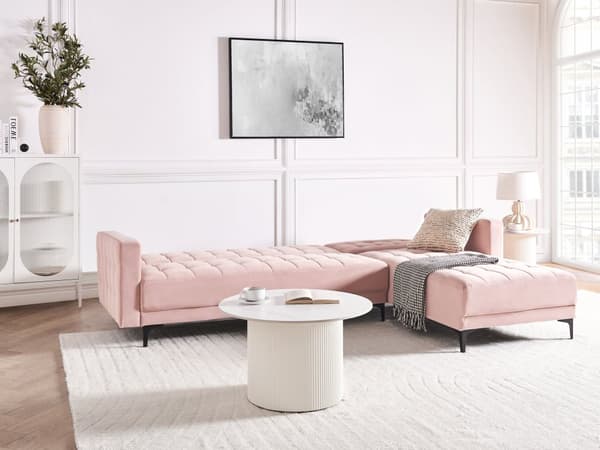 Venstre Hjørnesofa Pastellrosa Fløyel Tufted Stoff Moderne L-formet Modulær 4 Seter L Sjeselong