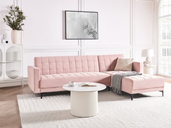 Venstre Hjørnesofa Pastellrosa Fløyel Tufted Stoff Moderne L-formet Modulær 4 Seter L Sjeselong