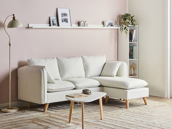 Sofa Hvitt Stoff Polstret med Ottoman Tuftet Polstret Sete med Spredte Puter