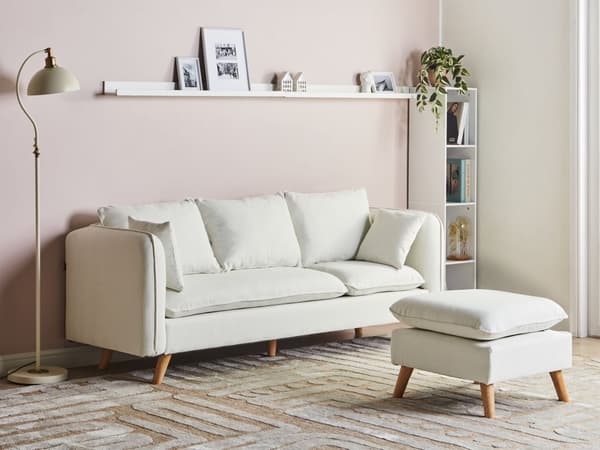 Sofa Hvitt Stoff Polstret med Ottoman Tuftet Polstret Sete med Spredte Puter