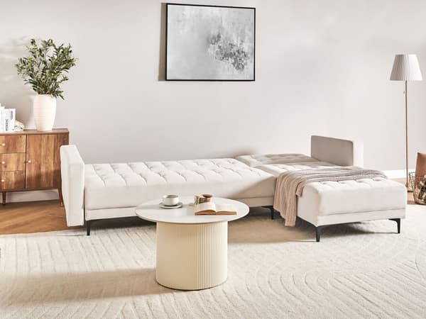 Venstre Hjørnesofa Lys Beige Fløyel Tufted Stoff Moderne L-formet Modulær 4 Seter L Sjeselong