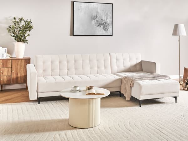 Venstre Hjørnesofa Lys Beige Fløyel Tufted Stoff Moderne L-formet Modulær 4 Seter L Sjeselong