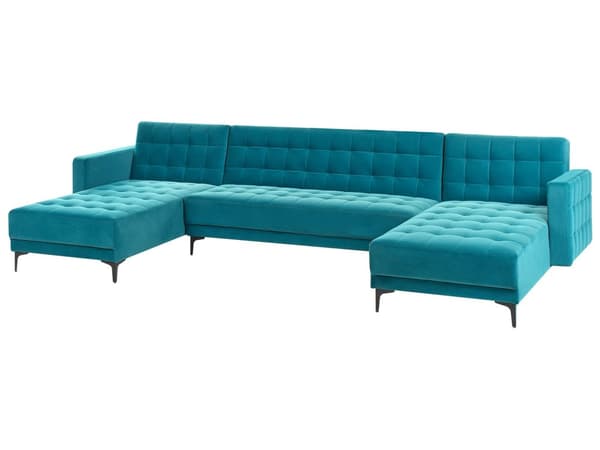 Hjørnesofa Sjøblå Fløyels Tufted Stoff Moderne U-formet Modulær 5 Seter med Sjeselonger