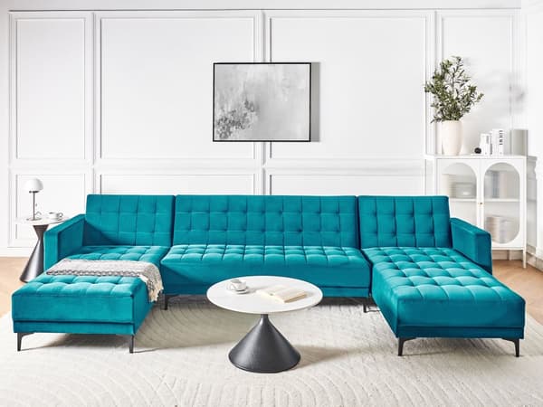 Hjørnesofa Sjøblå Fløyels Tufted Stoff Moderne U-formet Modulær 5 Seter med Sjeselonger