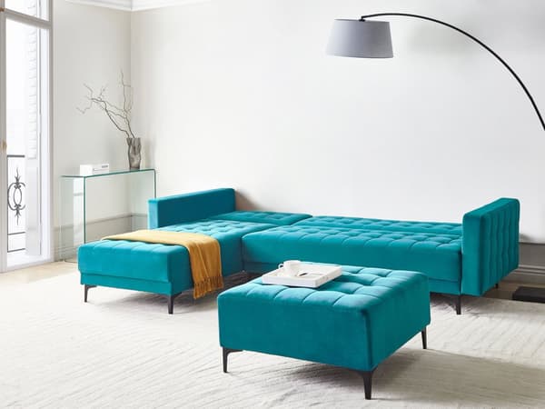 Vendbar Sovesofa med Sjeselong Høyrehånds Hjørnesofa Sjøblå Fløyels Tuftet Stoff Moderne L-formet Modulær 4 Seter med Ottoman Sjeselongue