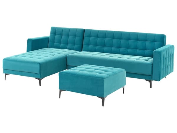 Vendbar Sovesofa med Sjeselong Høyrehånds Hjørnesofa Sjøblå Fløyels Tuftet Stoff Moderne L-formet Modulær 4 Seter med Ottoman Sjeselongue
