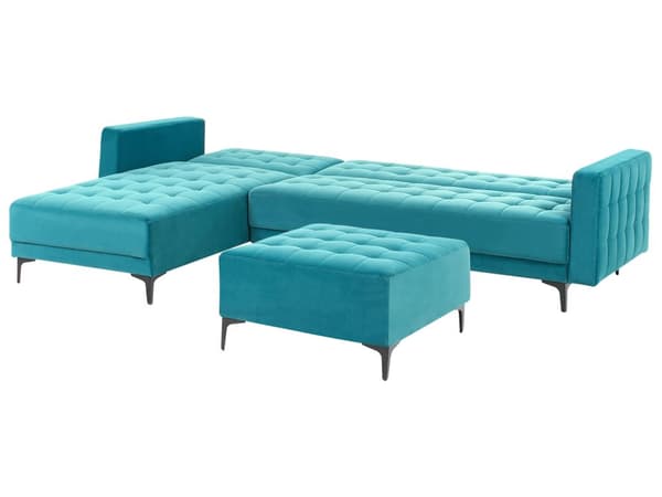 Vendbar Sovesofa med Sjeselong Høyrehånds Hjørnesofa Sjøblå Fløyels Tuftet Stoff Moderne L-formet Modulær 4 Seter med Ottoman Sjeselongue