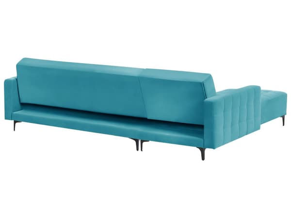 Vendbar Sovesofa med Sjeselong Høyrehånds Hjørnesofa Sjøblå Fløyels Tuftet Stoff Moderne L-formet Modulær 4 Seter med Ottoman Sjeselongue