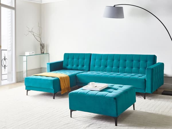 Vendbar Sovesofa med Sjeselong Høyrehånds Hjørnesofa Sjøblå Fløyels Tuftet Stoff Moderne L-formet Modulær 4 Seter med Ottoman Sjeselongue