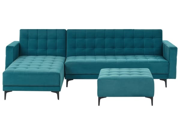 Vendbar Sovesofa med Sjeselong Høyrehånds Hjørnesofa Sjøblå Fløyels Tuftet Stoff Moderne L-formet Modulær 4 Seter med Ottoman Sjeselongue
