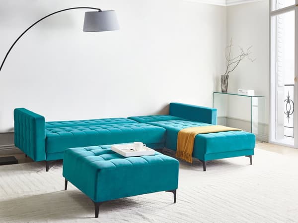 Vendbar Sovesofa med Sjeselong Venstrehånds Hjørnesofa Sjøblå Fløyels Tuftet Stoff Moderne L-formet Modulær 4 Seter med Ottoman Sjeselongue