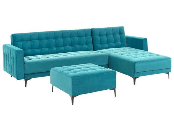 Vendbar Sovesofa med Sjeselong Venstrehånds Hjørnesofa Sjøblå Fløyels Tuftet Stoff Moderne L-formet Modulær 4 Seter med Ottoman Sjeselongue