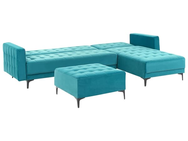 Vendbar Sovesofa med Sjeselong Venstrehånds Hjørnesofa Sjøblå Fløyels Tuftet Stoff Moderne L-formet Modulær 4 Seter med Ottoman Sjeselongue