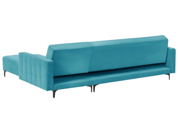 Vendbar Sovesofa med Sjeselong Venstrehånds Hjørnesofa Sjøblå Fløyels Tuftet Stoff Moderne L-formet Modulær 4 Seter med Ottoman Sjeselongue