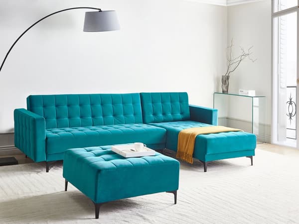 Vendbar Sovesofa med Sjeselong Venstrehånds Hjørnesofa Sjøblå Fløyels Tuftet Stoff Moderne L-formet Modulær 4 Seter med Ottoman Sjeselongue