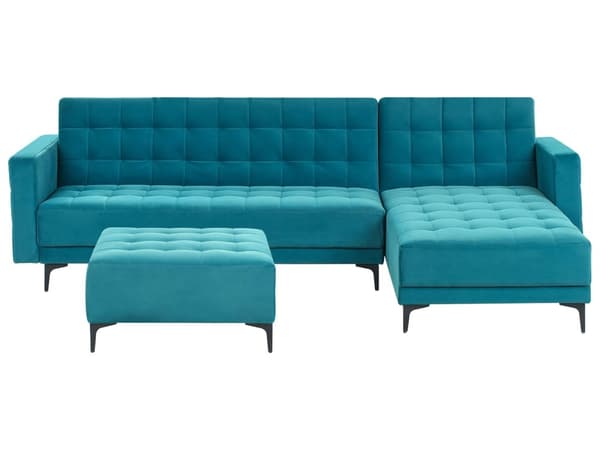 Vendbar Sovesofa med Sjeselong Venstrehånds Hjørnesofa Sjøblå Fløyels Tuftet Stoff Moderne L-formet Modulær 4 Seter med Ottoman Sjeselongue