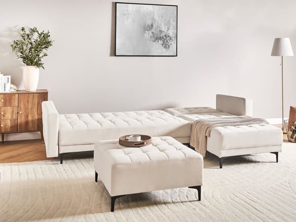 Vendbar Sovesofa med Sjeselong Venstrehånds Hjørnesofa Lysebeige Fløyels Tuftet Stoff Moderne L-formet Modulær 4 Seter med Ottoman Sjeselongue
