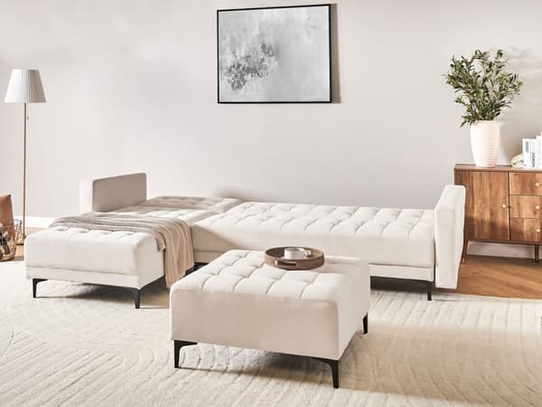 Vendbar Sovesofa med Sjeselong Høyrehånds Hjørnesofa Lysebeige Fløyels Tuftet Stoff Moderne L-formet Modulær 4 Seter med Ottoman Sjeselongue
