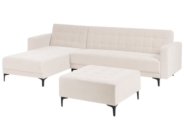 Vendbar Sovesofa med Sjeselong Høyrehånds Hjørnesofa Lysebeige Fløyels Tuftet Stoff Moderne L-formet Modulær 4 Seter med Ottoman Sjeselongue