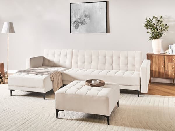 Vendbar Sovesofa med Sjeselong Høyrehånds Hjørnesofa Lysebeige Fløyels Tuftet Stoff Moderne L-formet Modulær 4 Seter med Ottoman Sjeselongue