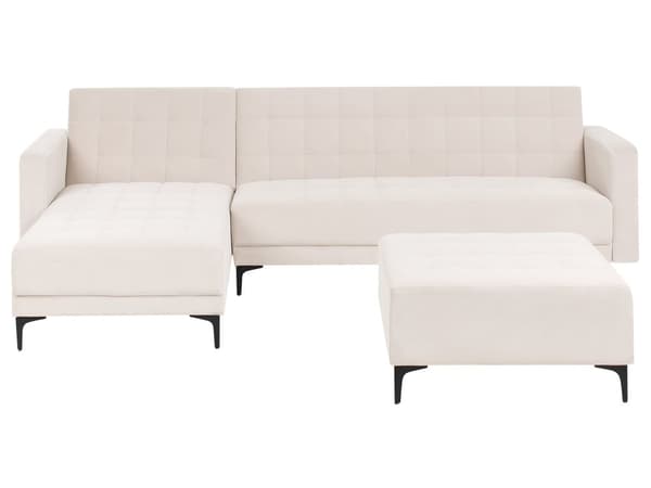 Vendbar Sovesofa med Sjeselong Høyrehånds Hjørnesofa Lysebeige Fløyels Tuftet Stoff Moderne L-formet Modulær 4 Seter med Ottoman Sjeselongue