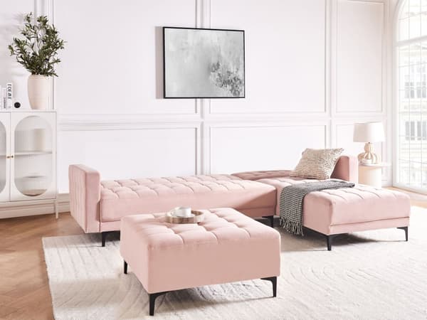Vendbar Sovesofa med Sjeselong Venstrehånds Hjørnesofa Pastellrosa Fløyels Tuftet Stoff Moderne L-formet Modulær 4 Seter med Ottoman Sjeselongue