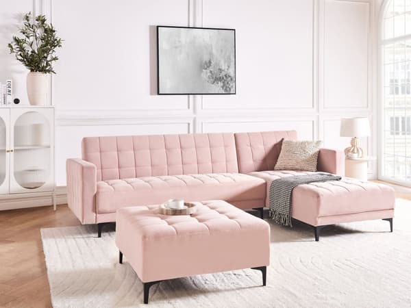 Vendbar Sovesofa med Sjeselong Venstrehånds Hjørnesofa Pastellrosa Fløyels Tuftet Stoff Moderne L-formet Modulær 4 Seter med Ottoman Sjeselongue