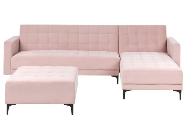 Vendbar Sovesofa med Sjeselong Venstrehånds Hjørnesofa Pastellrosa Fløyels Tuftet Stoff Moderne L-formet Modulær 4 Seter med Ottoman Sjeselongue