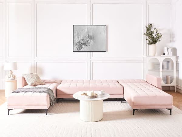 Hjørnesofa Pastellrosa Fløyels Tufted Stoff Moderne U-formet Modulær 5 Seter med Sjeselonger