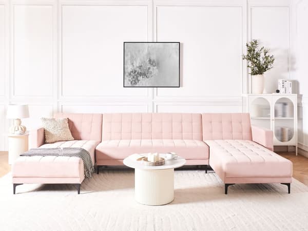 Hjørnesofa Pastellrosa Fløyels Tufted Stoff Moderne U-formet Modulær 5 Seter med Sjeselonger