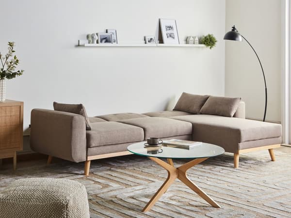 Sovesofa med Chaiselong Lysebrun 3 Personers Sofa L Formet Hjørnesofa Dyb Sofaseng Blød Stofsofa Design Hjørnesovesofa Venstrevendt