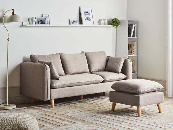 Sofa Lysebrun Polyester 3 Personers Tyk Polstret Dyb Blød Stofsofa med Fodskammel til Stuen Moderne Inspiration Stue Møbel Moderne