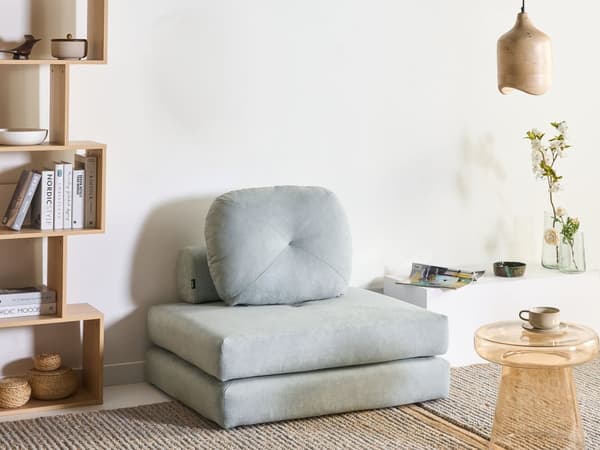 Sofa puf liggende lyseblå polstret sofa til stuen værelse med sovefunktion pude aftagelige pudebetræk moderne design