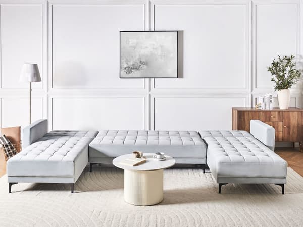 U Sofa med Dobbelt Chaiselong Lysegrå Velour 5 Personers Sovesofa Open End Moderne Tuftet Sofa med Sovefunktion til Stue Indretning