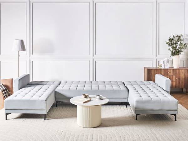 U Sofa med Dobbelt Chaiselong Lysegrå Velour 5 Personers Sovesofa Open End Moderne Tuftet Sofa med Sovefunktion til Stue Indretning