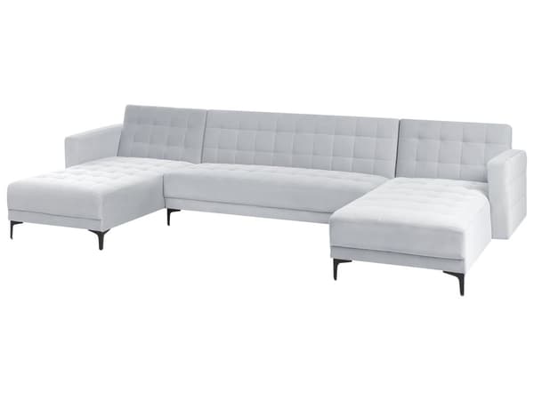 U Sofa med Dobbelt Chaiselong Lysegrå Velour 5 Personers Sovesofa Open End Moderne Tuftet Sofa med Sovefunktion til Stue Indretning