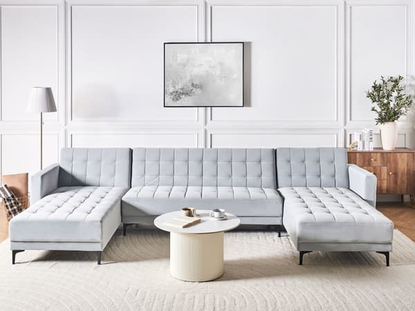 U Sofa med Dobbelt Chaiselong Lysegrå Velour 5 Personers Sovesofa Open End Moderne Tuftet Sofa med Sovefunktion til Stue Indretning