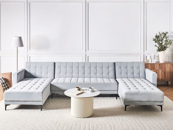 U Sofa med Dobbelt Chaiselong Lysegrå Velour 5 Personers Sovesofa Open End Moderne Tuftet Sofa med Sovefunktion til Stue Indretning