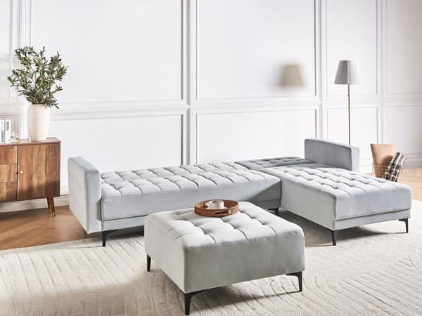 Sovesofa med Chaiselong Lysegrå Velour 4 Personers Sofa L Formet Hjørnesofa med Fodskammel Sofaseng Blød Stofsofa Design Hjørnesovesofa