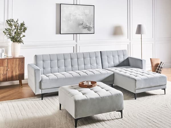 Sovesofa med Chaiselong Lysegrå Velour 4 Personers Sofa L Formet Hjørnesofa med Fodskammel Sofaseng Blød Stofsofa Design Hjørnesovesofa