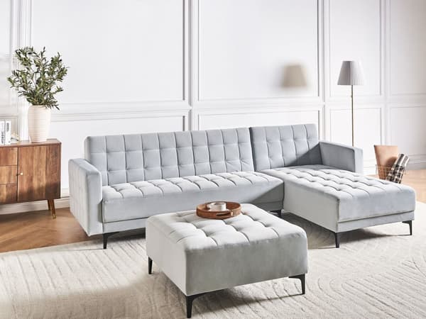 Sovesofa med Chaiselong Lysegrå Velour 4 Personers Sofa L Formet Hjørnesofa med Fodskammel Sofaseng Blød Stofsofa Design Hjørnesovesofa