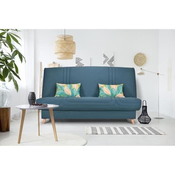 COMFORT BULTEX Klickbänk - Blått tyg + Djungelprydnadskuddar - L193 x D95 x H101 - MONA
