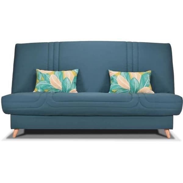 COMFORT BULTEX Klickbänk - Blått tyg + Djungelprydnadskuddar - L193 x D95 x H101 - MONA