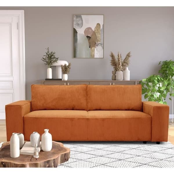 Soffa med bäddsoffa 3 platser JOSH - Sammetstyg i terracotta - L 239 x P 86 x H 85 cm - Förvaringslåda
