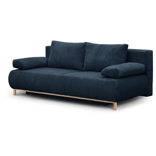 Bäddsoffa 3 platser MIKA - Mörkblå ribbad sammet - Förvaringsutrymme - L 192 x H 84 x P 93 cm